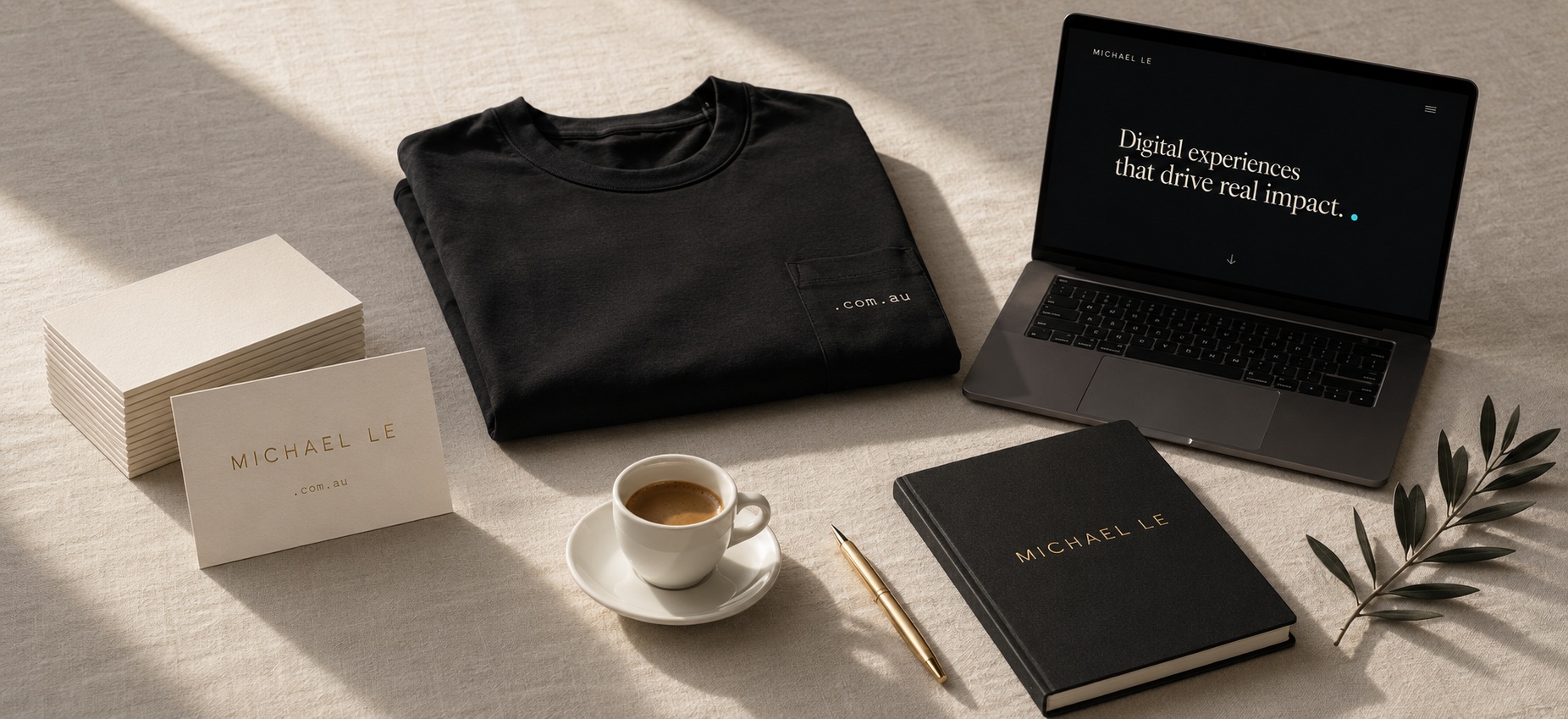 Founder Kit composition: business cards, shirt, notebook, pen, signature pack and personal brand site preview. The full brand kit a one-person business needs to look the part everywhere.